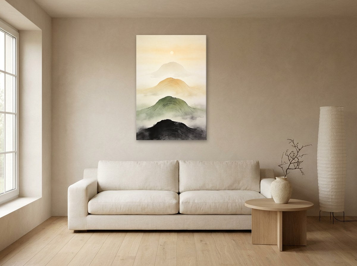 Mise en situation : toile « Montagnes de brume » au-dessus d'un canapé écru, sur le mur beige d'un salon japandi