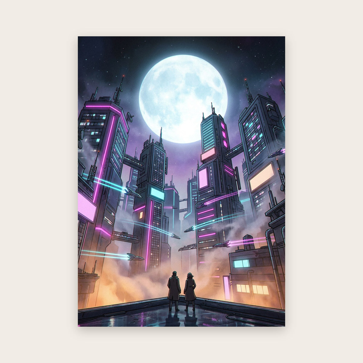 Tableau anime cyberpunk : deux silhouettes sur un toit mouillé face à des tours néon magenta et cyan sous une immense pleine lune