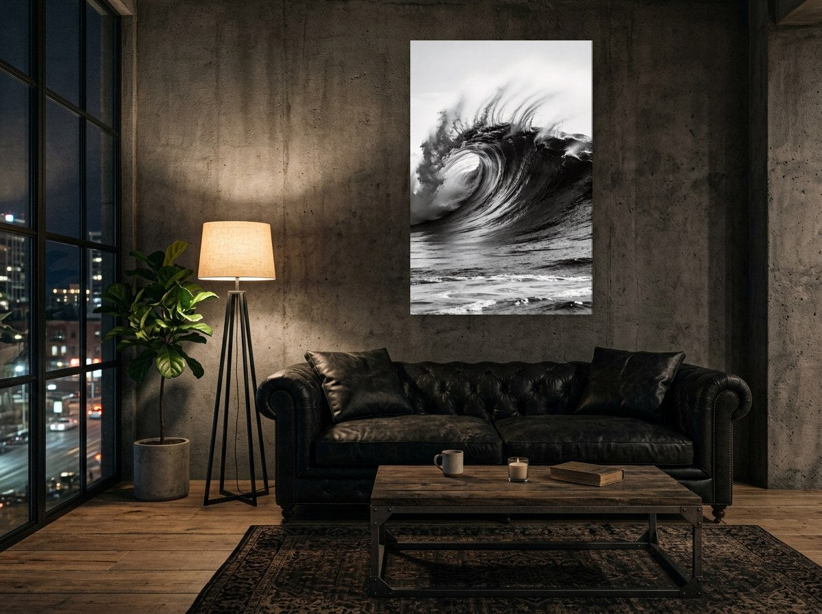Mise en situation : toile « Le mur d'eau » sur le mur de béton d'un loft, au-dessus d'un canapé chesterfield en cuir noir