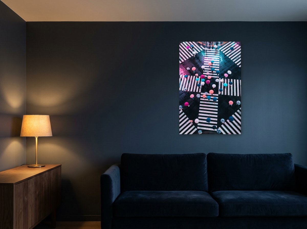 Affiche d'un carrefour nocturne vu d'en haut, parapluies colorés et reflets magenta, accrochée dans un salon contemporain sobre