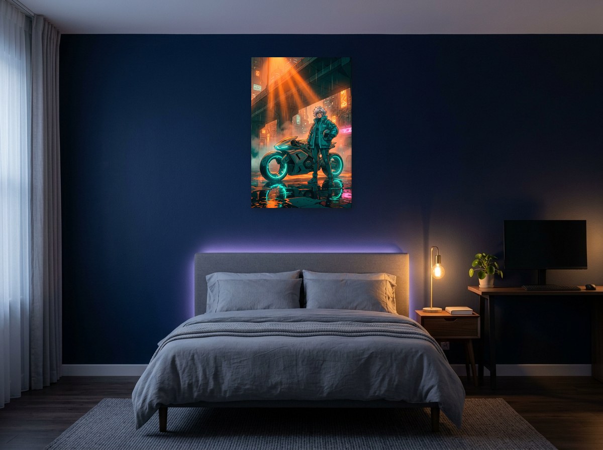 Mise en situation murale de Night Courier — Neon Pulse 21 : coursière et moto aux roues cyan sous une pluie orange