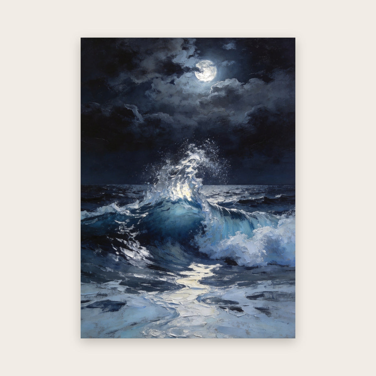 Affiche vague façon peinture à l'huile : mer d'orage la nuit, lune entre les nuages et crête de vague éclairée d'argent