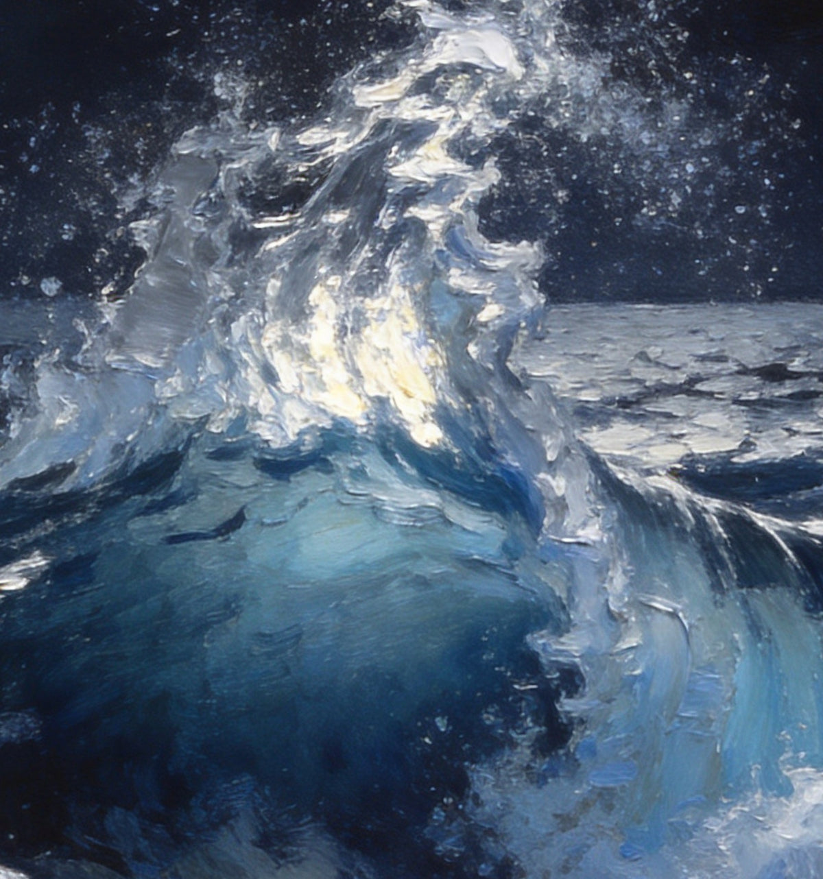 Détail : la crête de la vague éclairée par la lune, en épaisses touches argentées