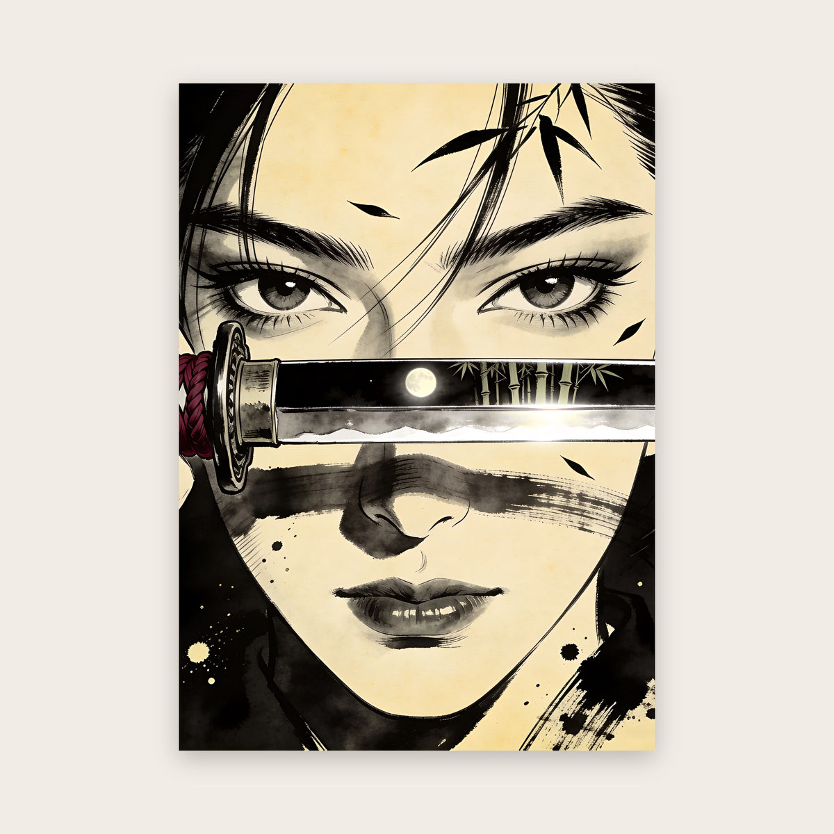 Affiche style manga : gros plan du regard d'une sabreuse au-dessus d'une lame où se reflètent la lune et des bambous, poignée au cordon rouge