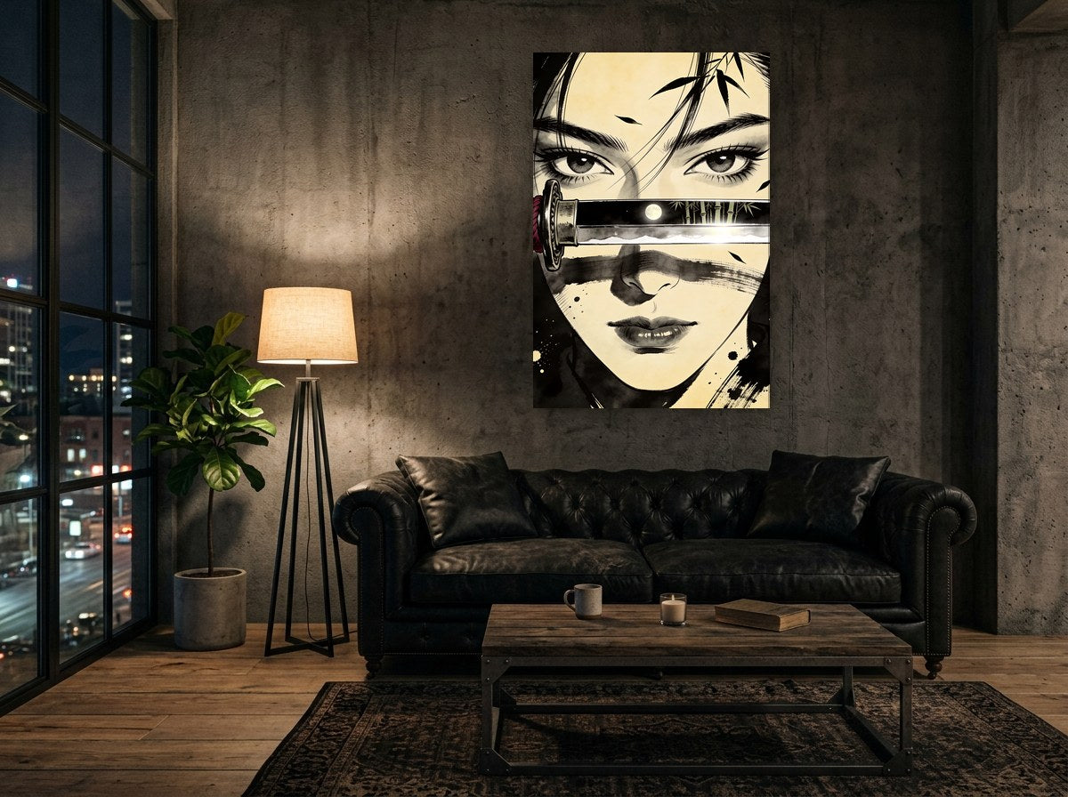 Mise en situation : toile du regard et de la lame accrochée sur un mur de béton brut, au-dessus d'un canapé en cuir noir