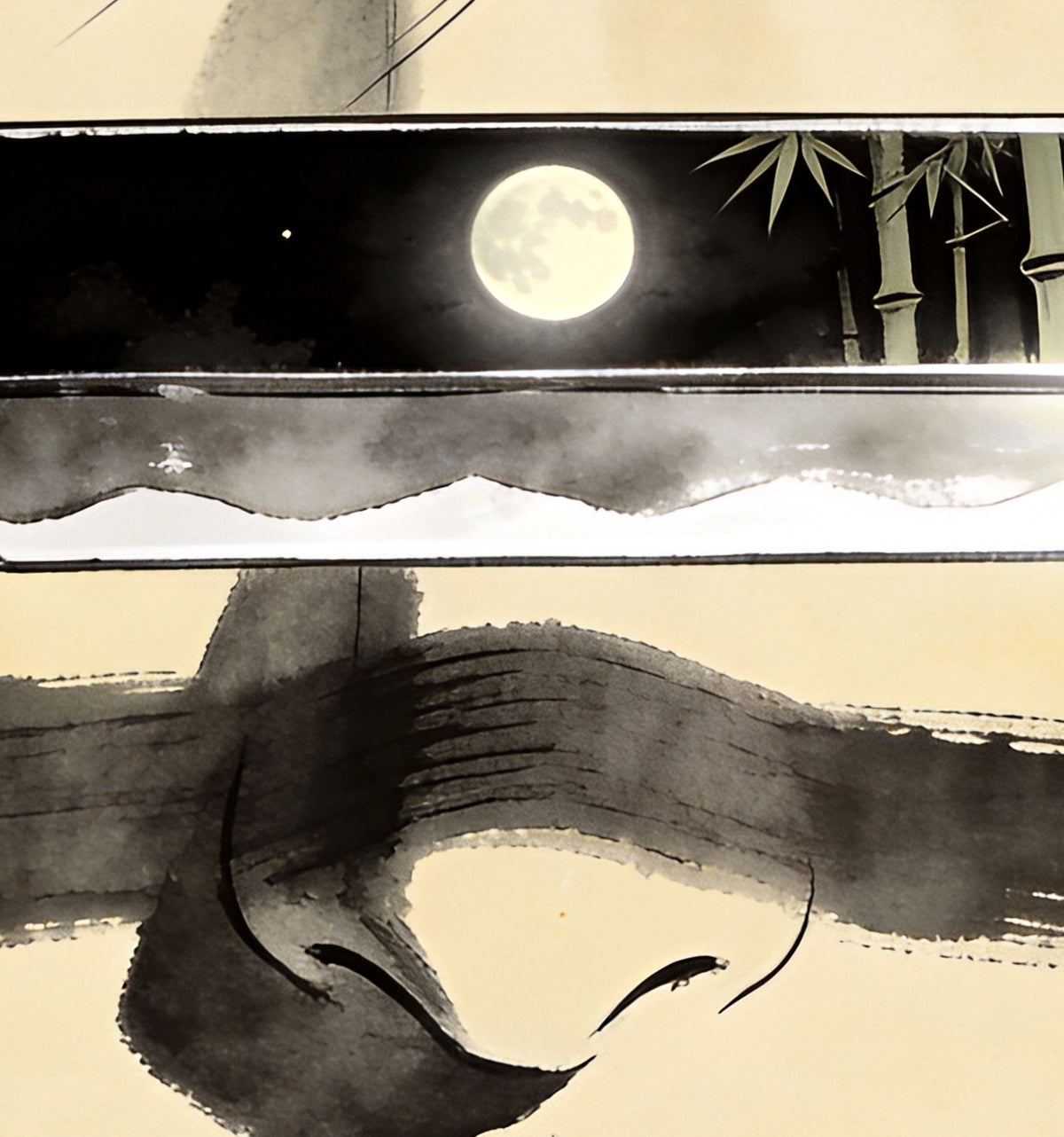 Détail : reflet de la pleine lune et de la forêt de bambous sur la lame du sabre