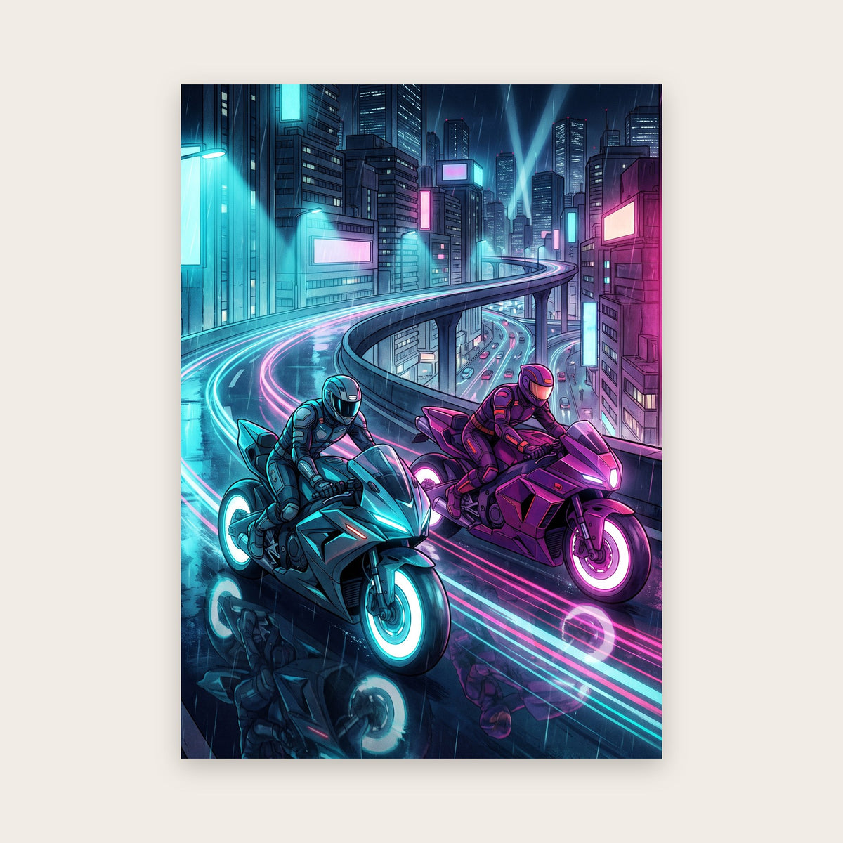 Tableau anime : deux motards sous la pluie sur une autoroute suspendue, néons cyan et magenta, gratte-ciel de nuit