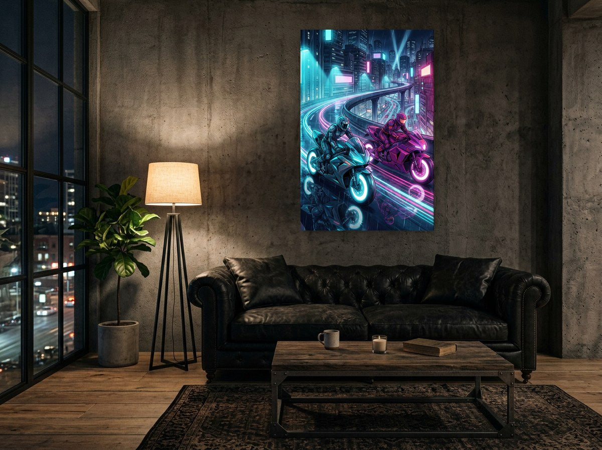 Mise en situation murale d'Overdrive — Neon Pulse 01 : deux motards sous la pluie entre néons cyan et magenta