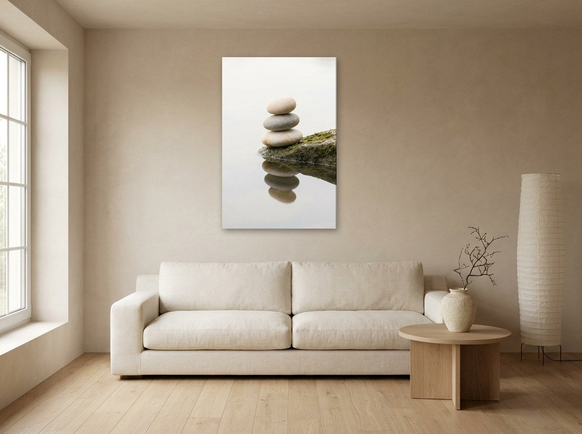 Tableau de galets empilés sur un rocher moussu au-dessus d'une eau calme, accroché dans un intérieur épuré aux tons naturels