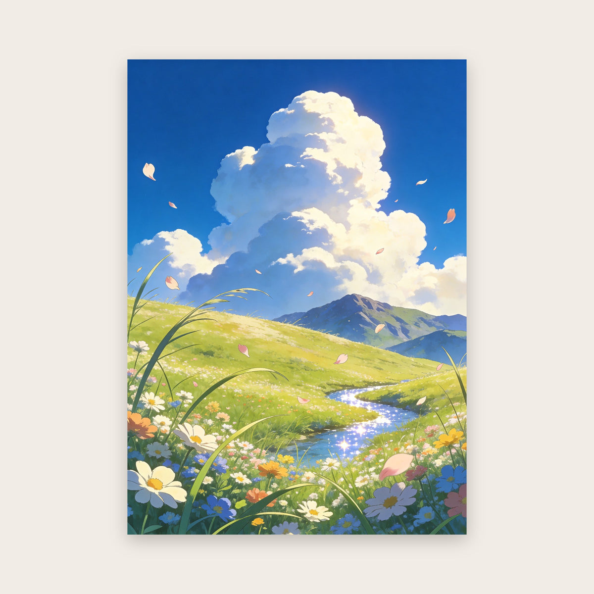 Affiche style anime : prairie de fleurs blanches et bleues, ruisseau scintillant, immenses nuages d’été dans un ciel bleu