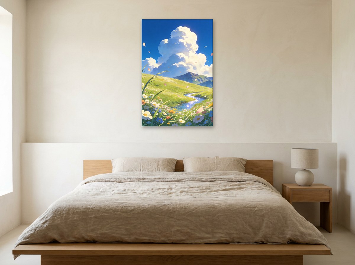Mise en situation : toile « Prairie d’été » au-dessus d'un lit en lin beige, dans une chambre aux murs crème