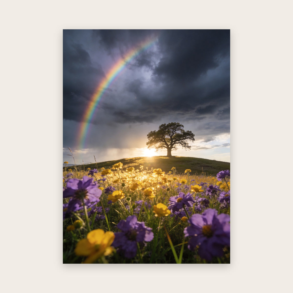 Affiche nature au rendu photo : ciel d’orage, arc-en-ciel, chêne solitaire à contre-jour et prairie de fleurs violettes et jaunes