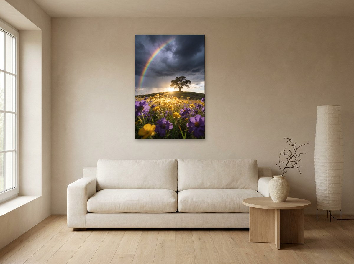 Mise en situation : toile « Prairie sous l’orage » au-dessus d'un canapé écru, sur le mur beige d'un salon japandi