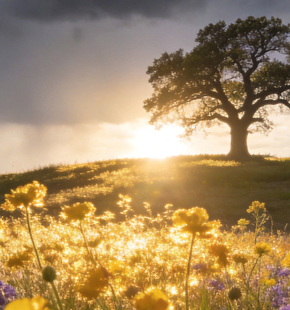 Détail de « Prairie sous l’orage » : les fleurs violettes et jaunes au premier plan