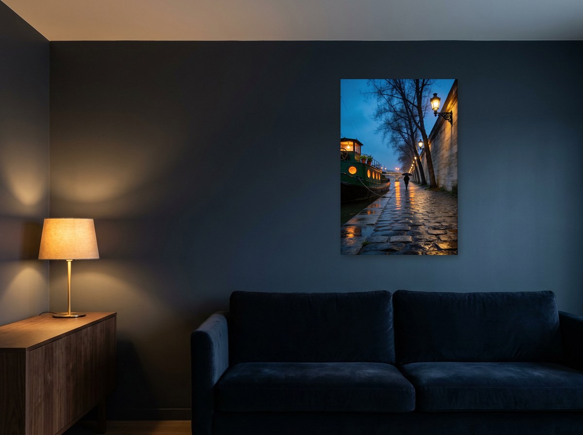 Mise en situation : toile du quai sous la pluie au-dessus d'un canapé en velours bleu marine, sur un mur bleu nuit éclairé par une lampe