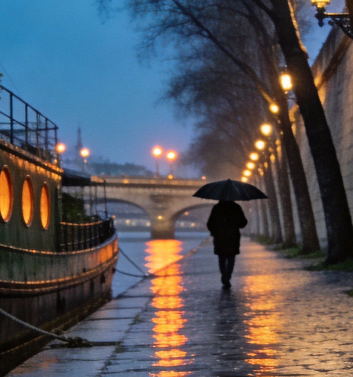 Détail : passant sous un parapluie noir sur le quai mouillé, reflets dorés et péniche aux hublots ronds