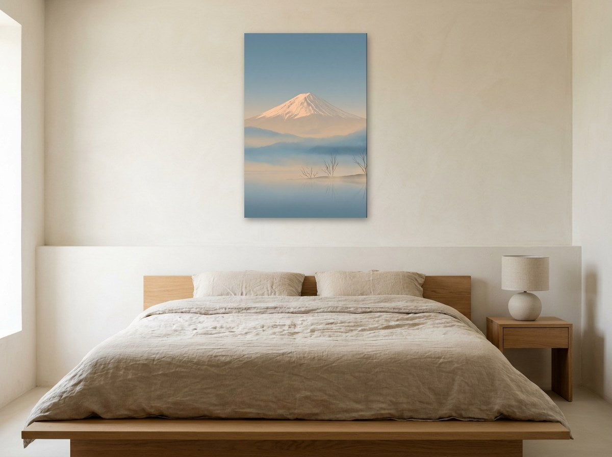 Tableau du mont Fuji à l'aube, tons bleu poudré et pêche, accroché au mur d'un intérieur clair et épuré