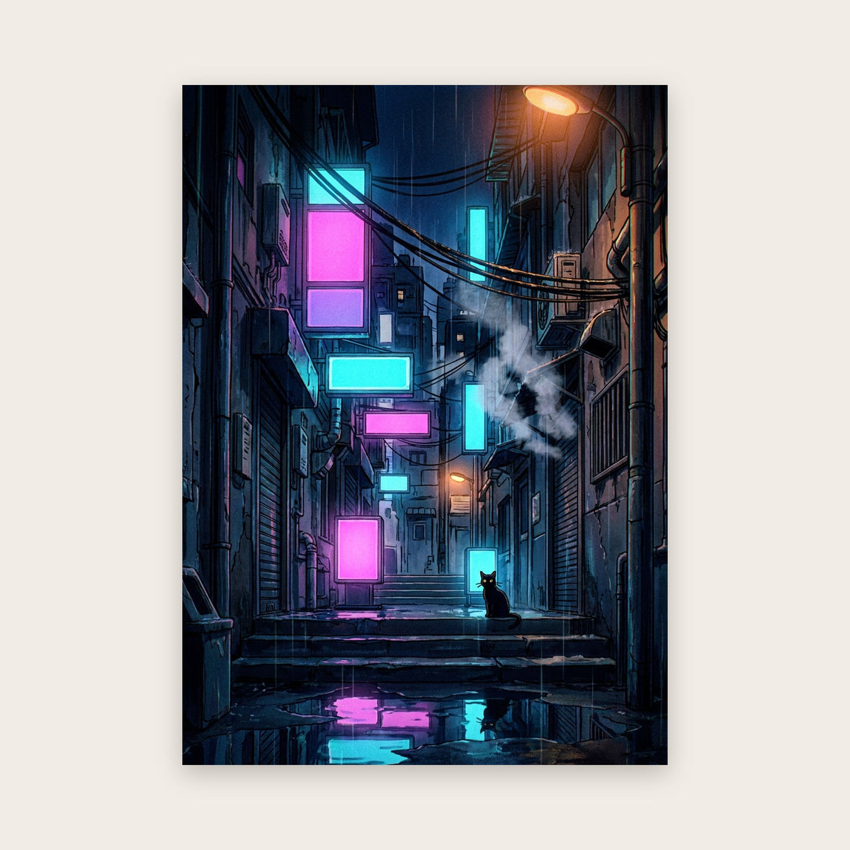 Tableau anime japonais : ruelle nocturne sous la pluie, enseignes néon magenta et cyan, chat noir assis sur l'escalier