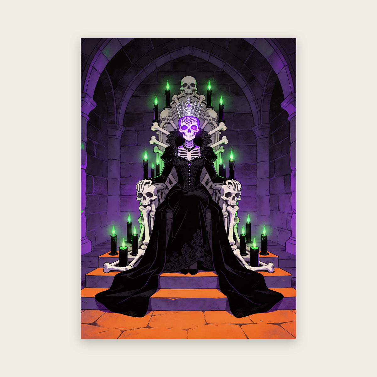 Tableau Halloween néon : reine squelette en robe de dentelle noire sur un trône d’os, couronne d’argent, bougies aux flammes vertes, voûte violette