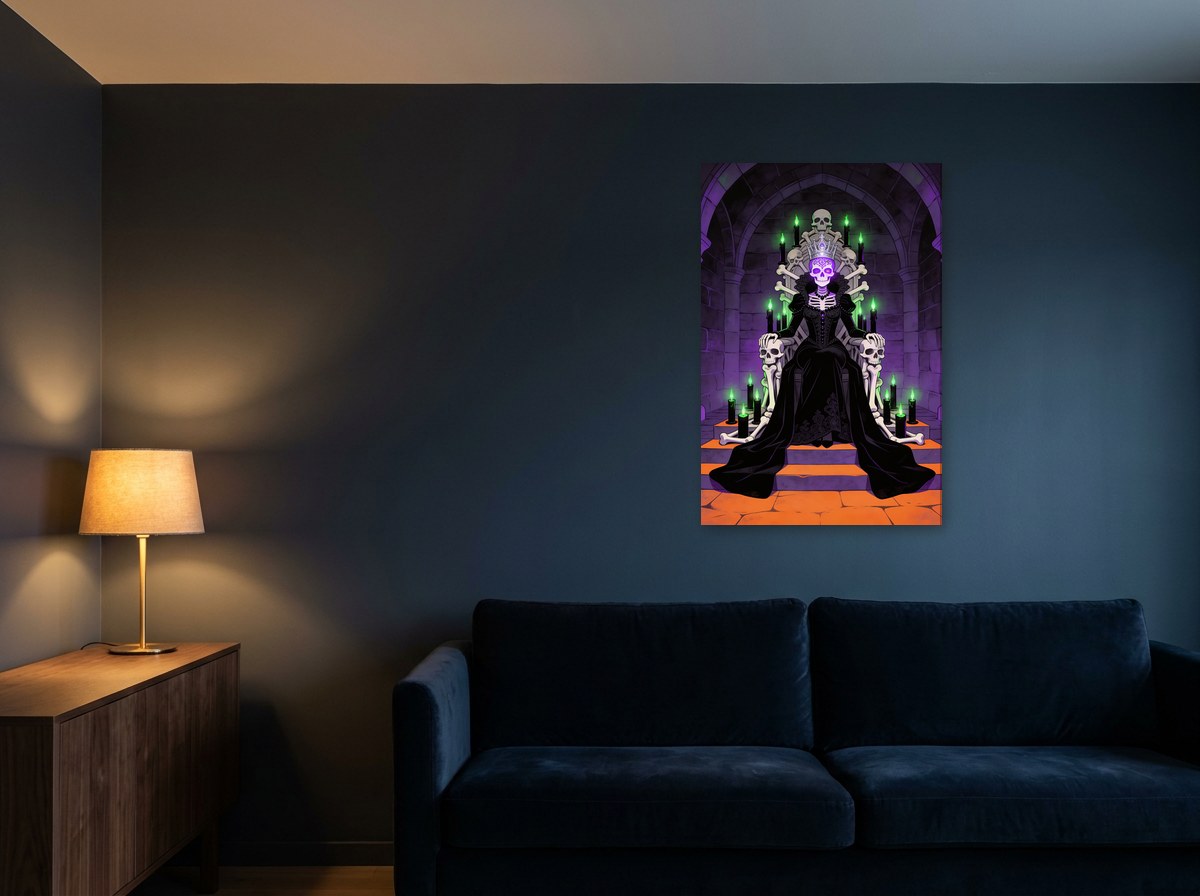 Mise en situation : toile « La Reine des catacombes » au-dessus d'un canapé en velours bleu marine, sur un mur bleu nuit éclairé par une lampe