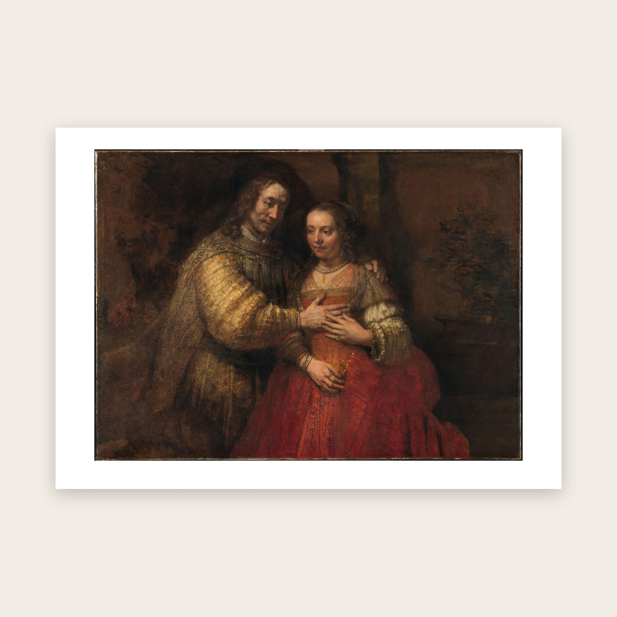Affiche La Fiancée juive d'après Rembrandt : couple enlacé, homme en habit doré, femme en robe rouge, marge blanche