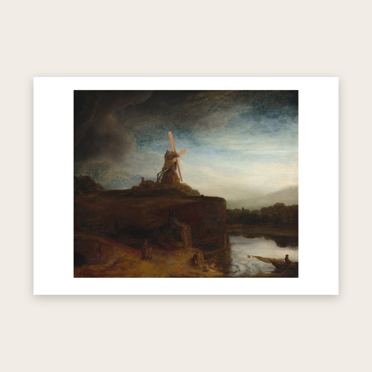 Affiche Le Moulin, attribué à Rembrandt : moulin à vent sur une hauteur, ciel d'orage, rivière et barque, marge blanche