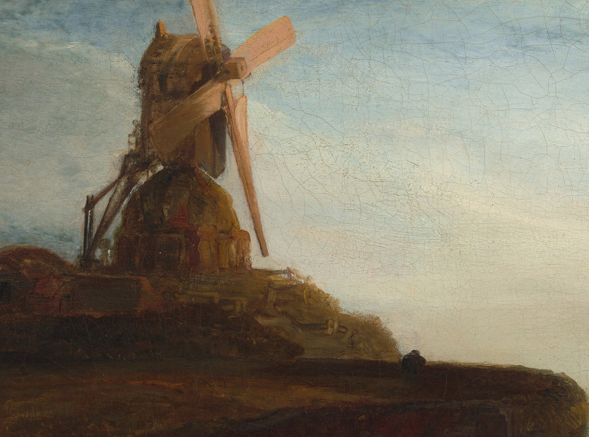 Détail du Moulin (attribué à Rembrandt) : moulin aux ailes claires sur sa hauteur, se détachant sur un ciel pâle