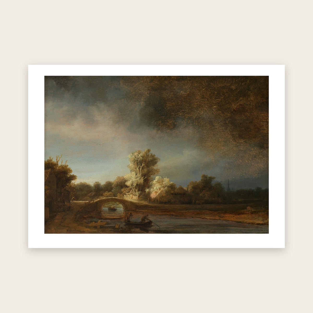 Affiche Paysage avec un pont de pierre d'après Rembrandt : pont en arc, barque, arbre éclairé, ciel d'orage, marge blanche