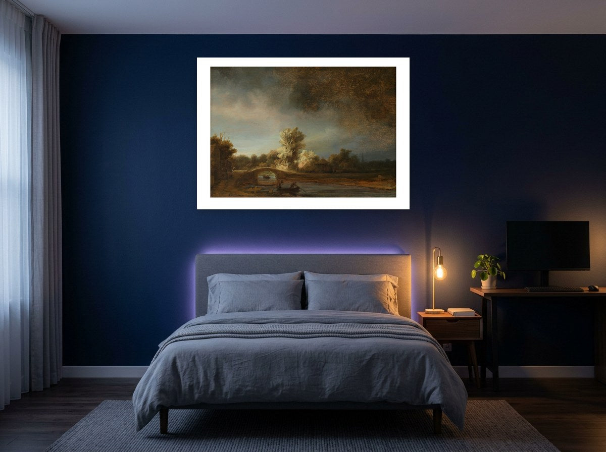 Mise en situation : affiche Paysage avec un pont de pierre au mur bleu nuit d'une chambre, au-dessus du lit