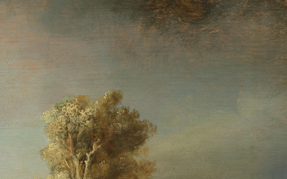 Détail de Paysage avec un pont de pierre (Rembrandt) : cime d'un arbre éclairée par le soleil sous un ciel gris chargé