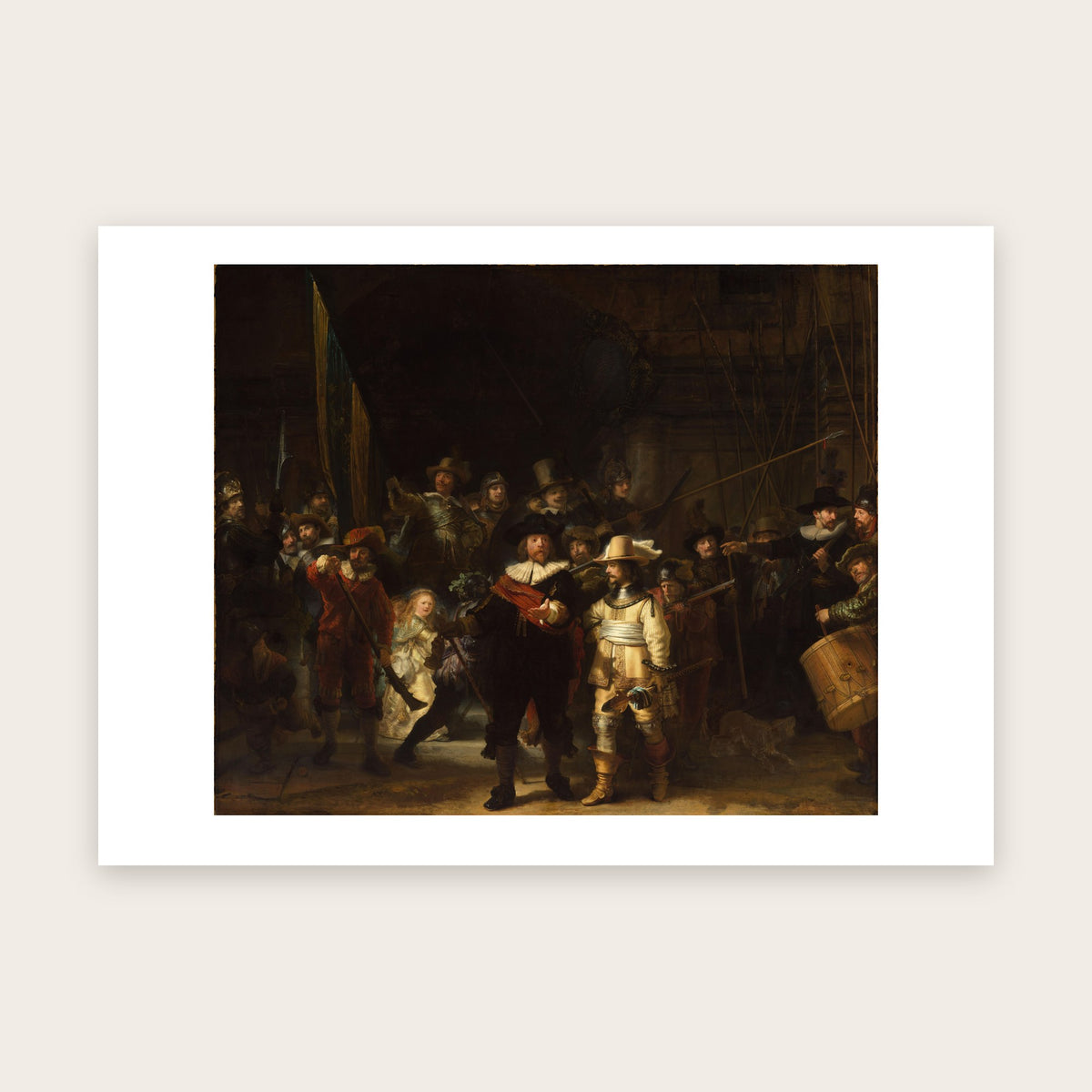 Affiche La Ronde de nuit d'après Rembrandt : capitaine en noir, lieutenant en jaune, compagnie en armes, marge blanche