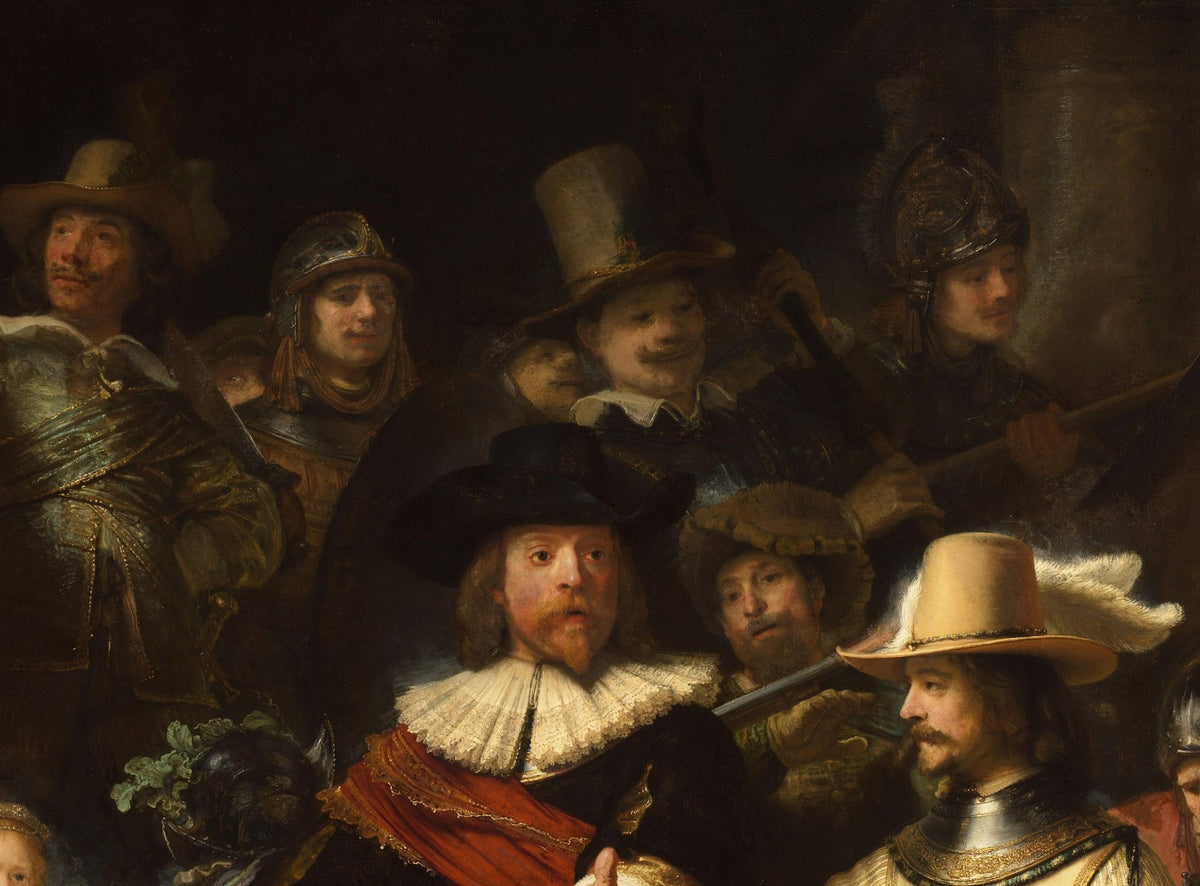 Détail de La Ronde de nuit (Rembrandt) : capitaine au col de dentelle et à l'écharpe rouge, lieutenant au chapeau à plume