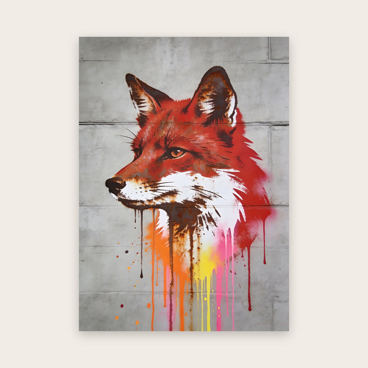 Affiche street art : portrait de renard roux peint à la bombe sur béton brut, coulures fluo orange, jaunes et roses