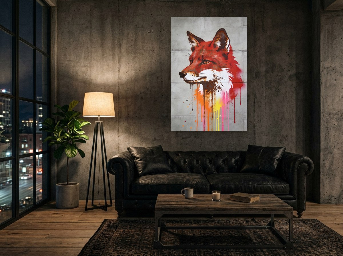 Mise en situation : toile « Renard aux coulures » sur le mur de béton d'un loft, au-dessus d'un canapé chesterfield en cuir noir