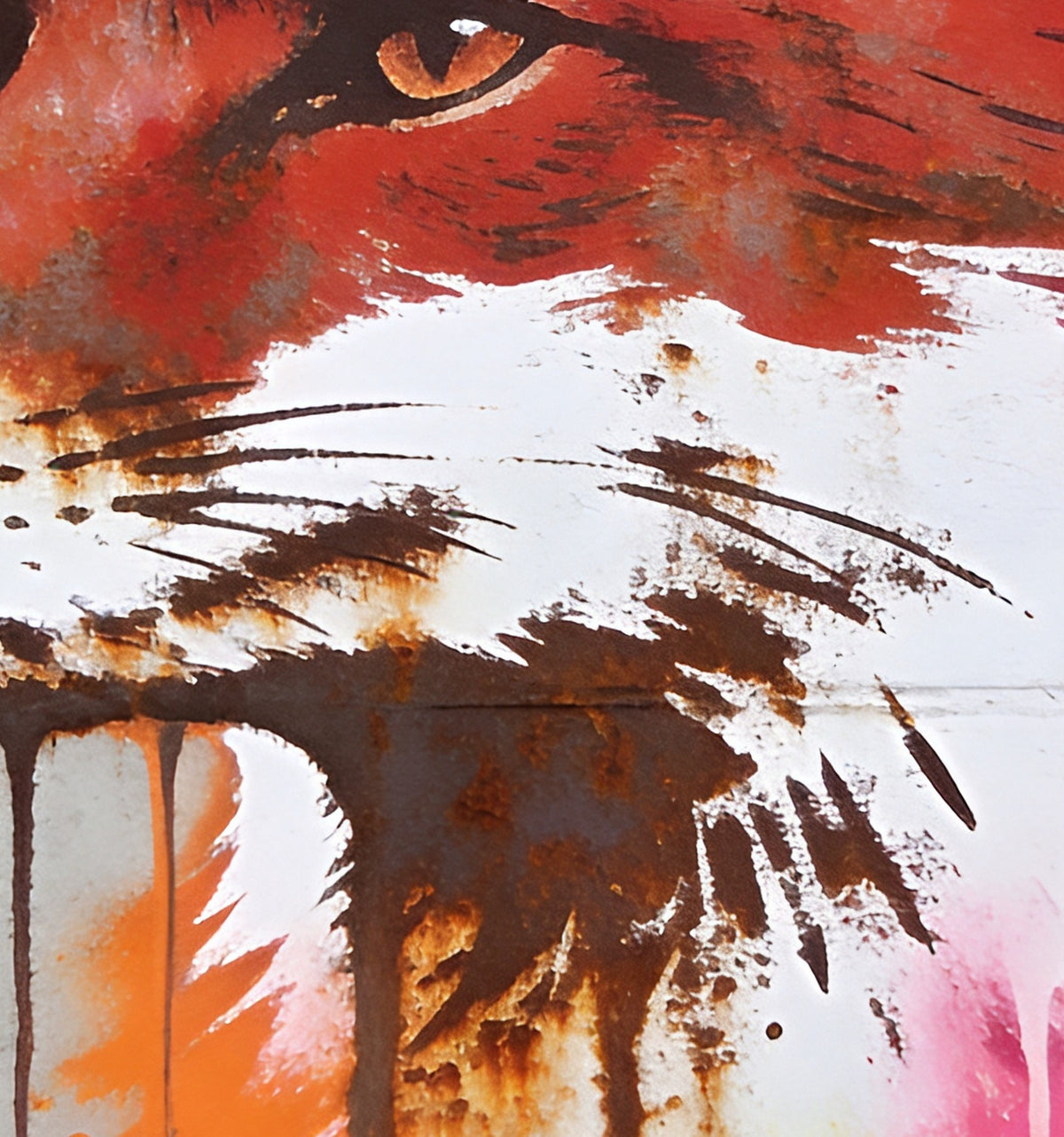 Détail de « Renard aux coulures » : le regard du renard et le pelage cuivré