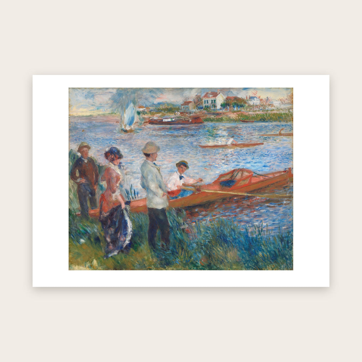 Affiche Canotiers à Chatou d'après Renoir : promeneurs sur la berge, canot orange, eau bleue scintillante, marge blanche