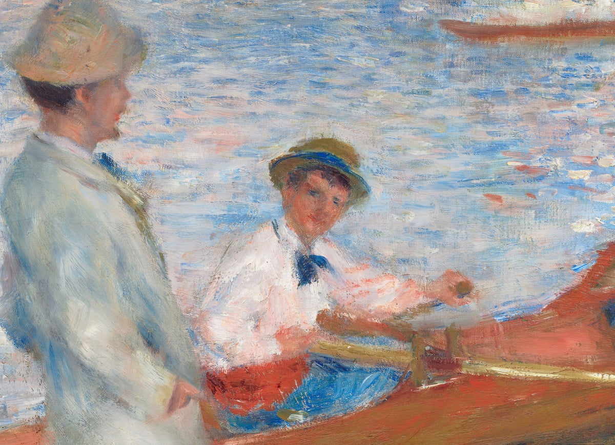 Détail de Canotiers à Chatou (Renoir) : personnage au chapeau de paille dans le canot orange, eau bleue scintillante