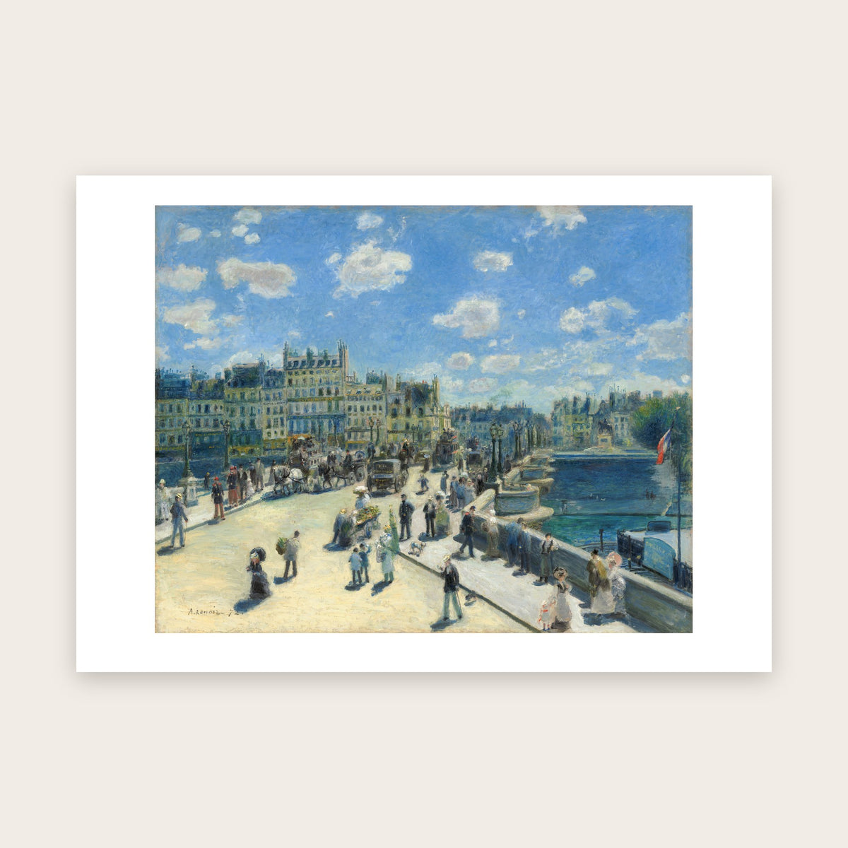 Affiche Le Pont-Neuf d'après Renoir : pont animé vu d'en haut, ciel bleu à nuages blancs, façades claires, marge blanche