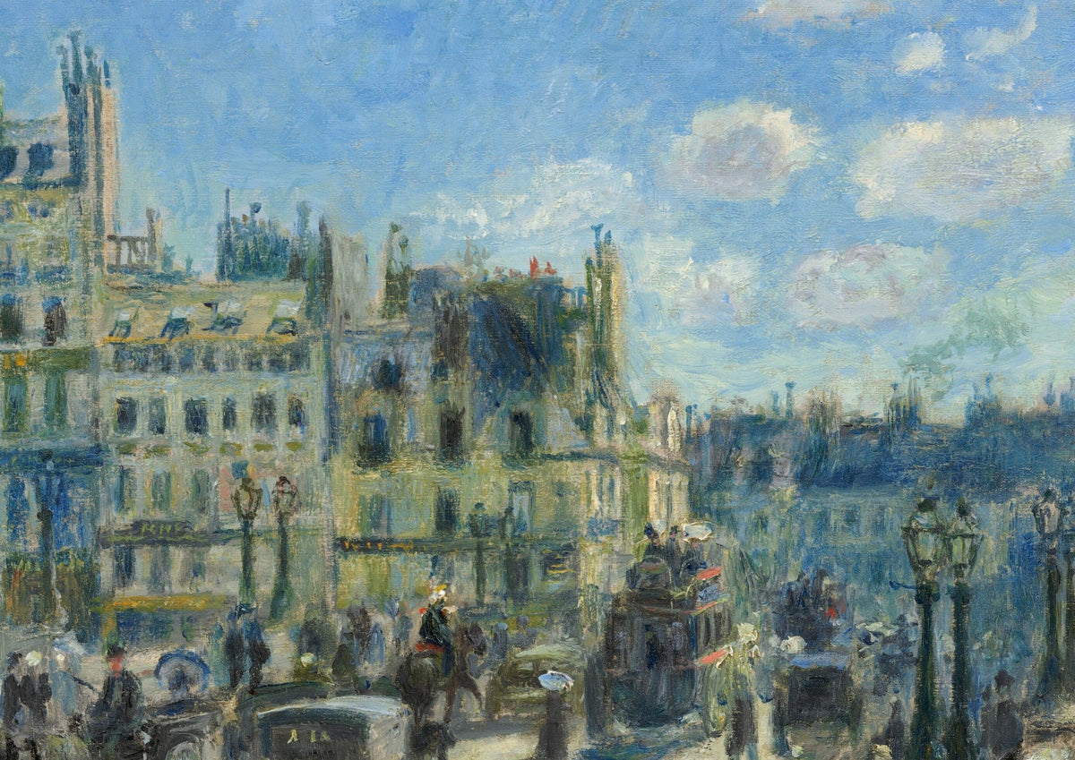 Détail du Pont-Neuf (Renoir) : immeubles clairs, réverbères, omnibus et voitures à chevaux sous un ciel bleu