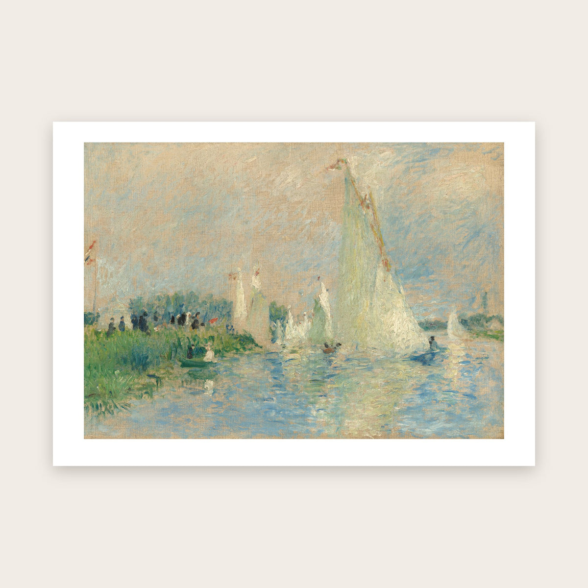 Affiche Régates à Argenteuil d'après Renoir : haute voile blanche, voiliers au loin, berge verte et eau bleue, marge blanche