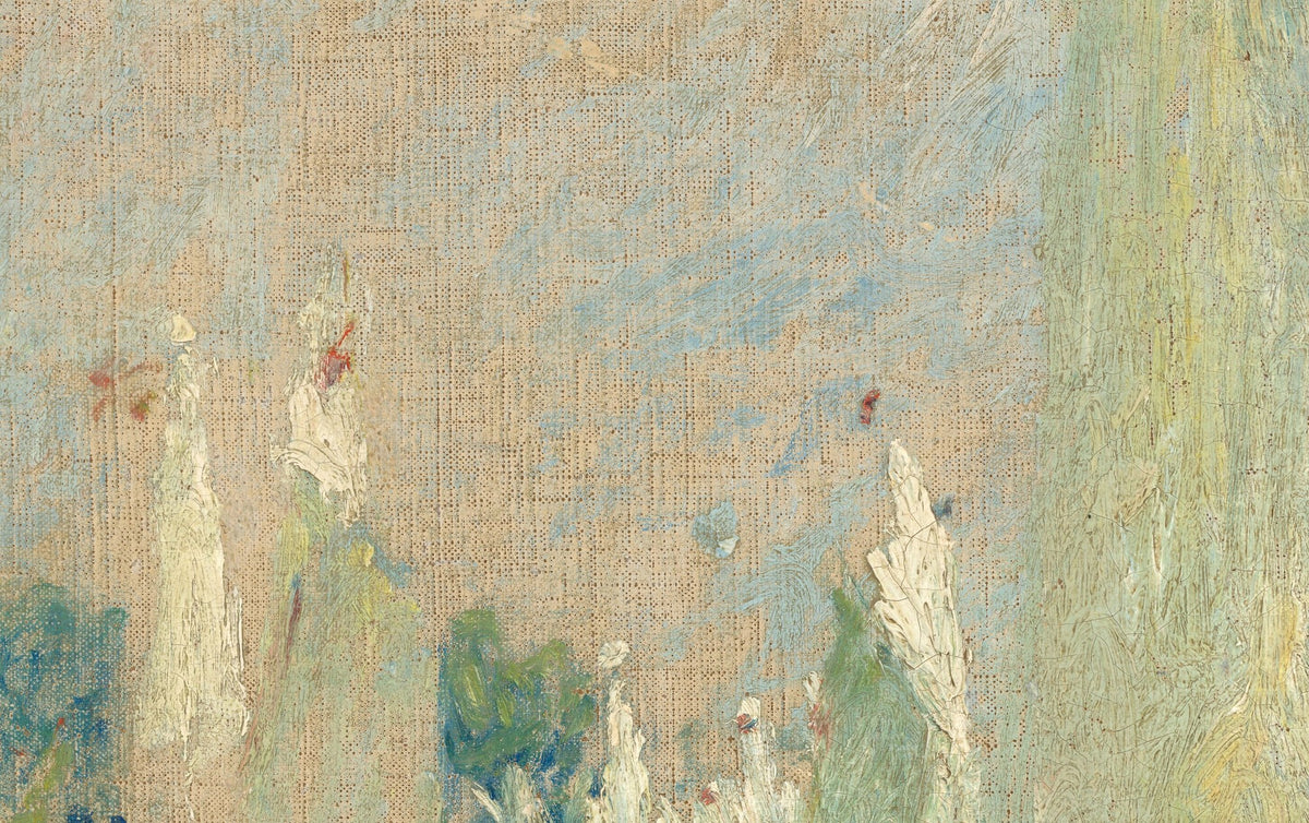 Détail de Régates à Argenteuil (Renoir) : petites voiles blanches, fanions rouges et ciel bleu-beige en touches rapides
