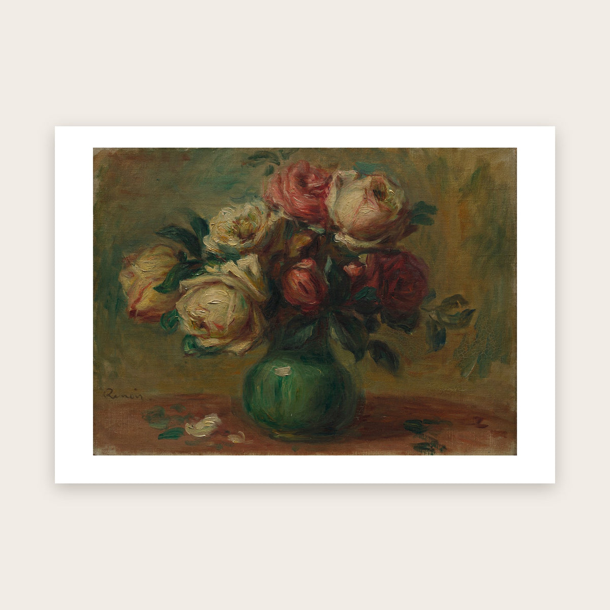 Affiche Roses dans un vase d'après Renoir : roses crème, corail et rouges dans un vase vert, fond olive, marge blanche