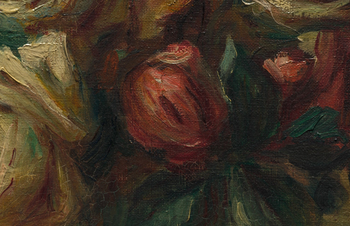 Détail de Roses dans un vase (Renoir) : bouton de rose rouge et feuilles vert sombre peints en touches épaisses