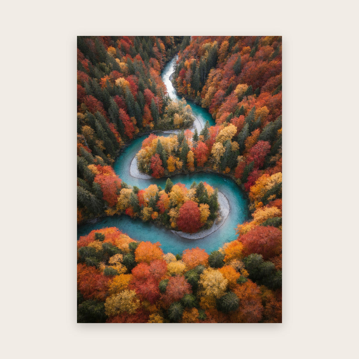 Affiche nature au rendu photo : vue aérienne d’une rivière turquoise en S à travers une forêt d’automne rouge, orange et or