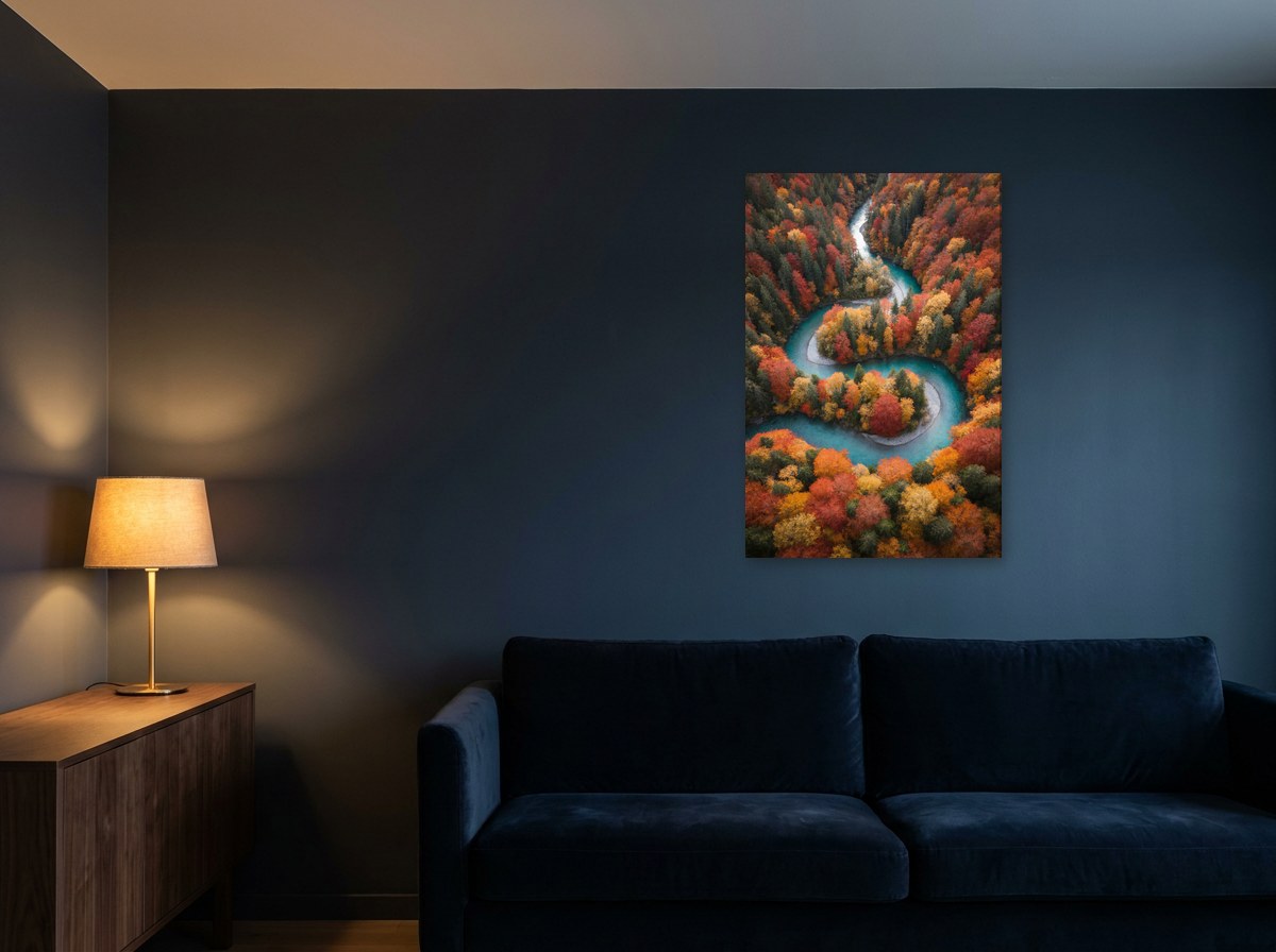 Mise en situation : toile « Rivière d’automne vue du ciel » au-dessus d'un canapé en velours bleu marine, sur un mur bleu nuit éclairé par une lampe