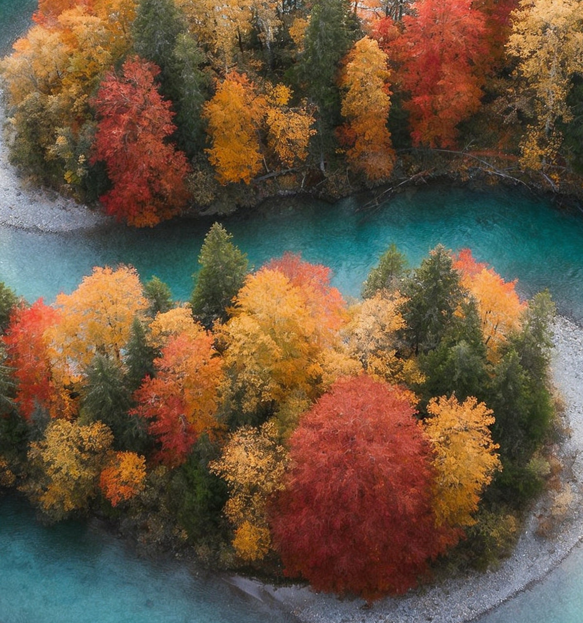 Détail de « Rivière d’automne vue du ciel » : un méandre turquoise entre les arbres