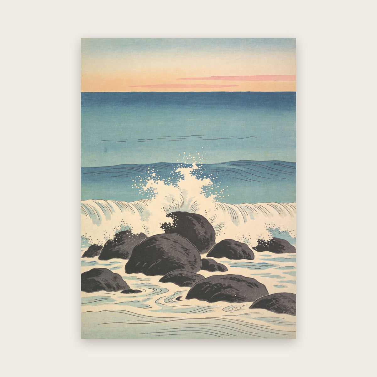 Affiche façon estampe japonaise : vague qui se brise en embruns ivoire sur des rochers sombres à l'aube, mer indigo et turquoise, ciel pêche