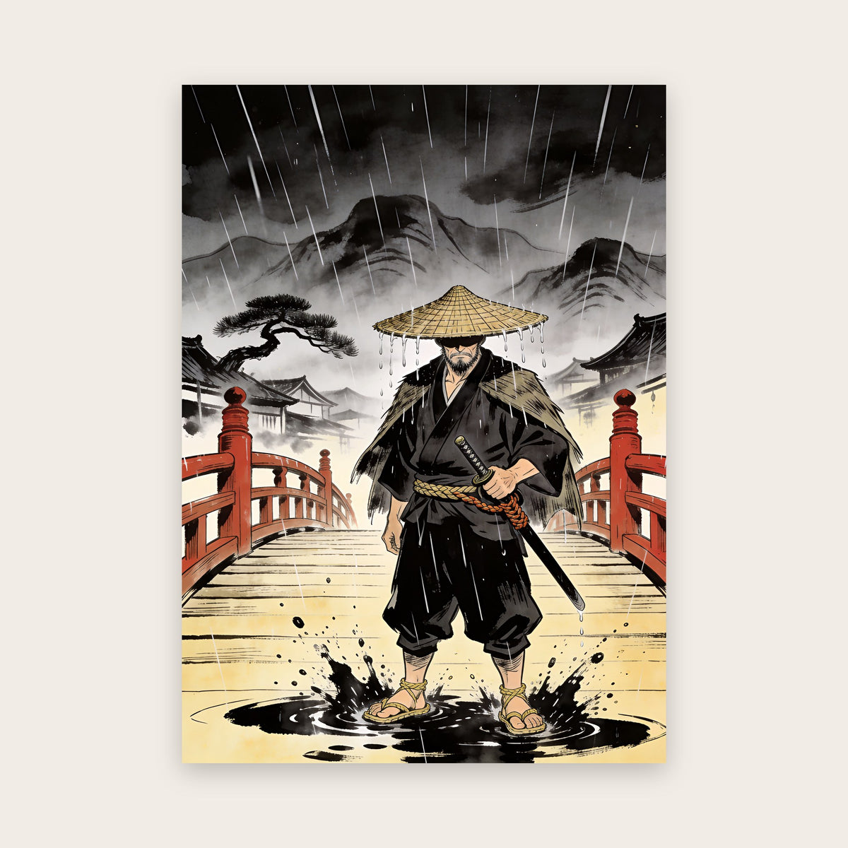 Affiche style manga : ronin barbu au chapeau de paille conique sous une pluie battante, debout sur un pont de bois aux rambardes vermillon