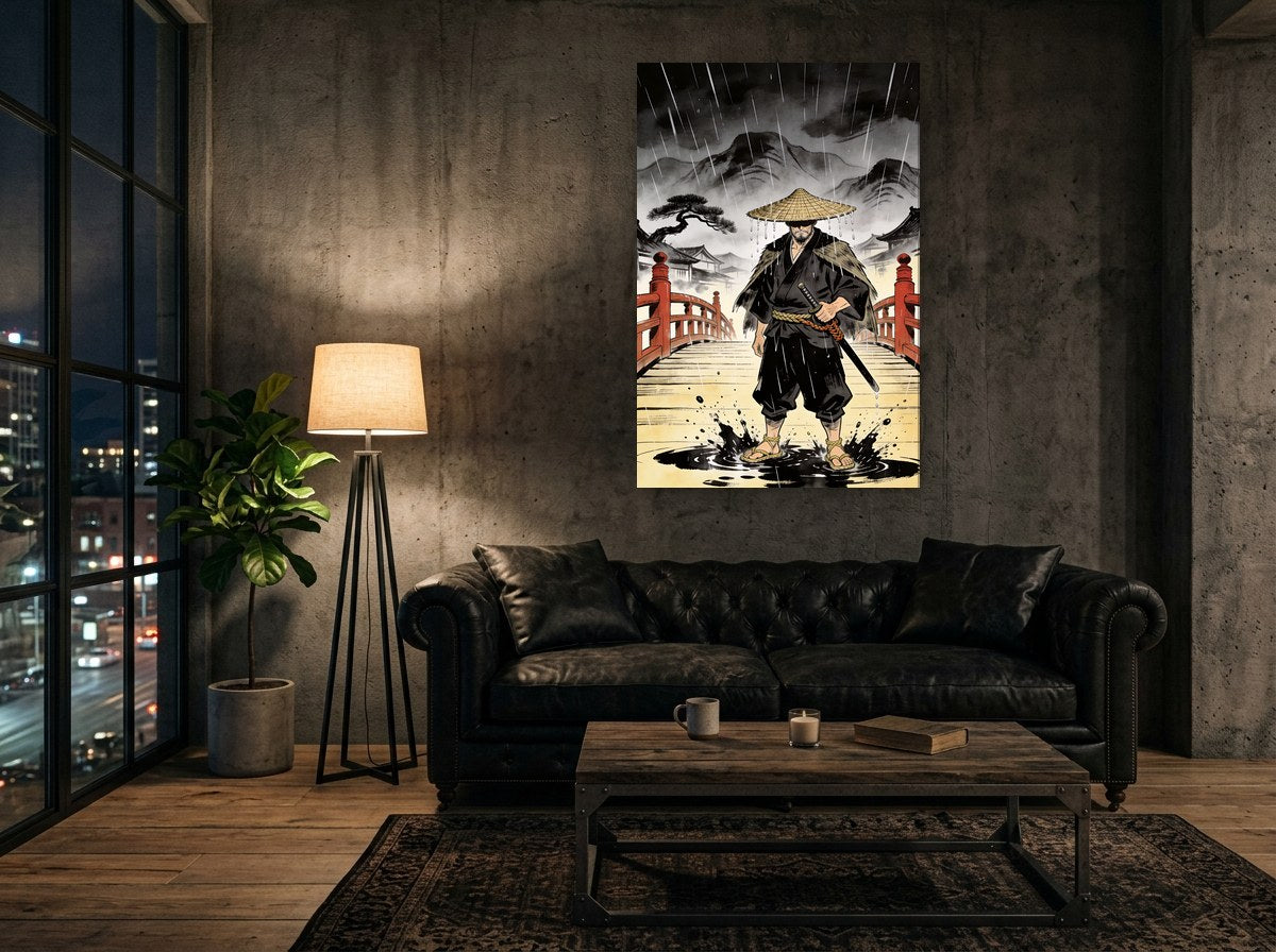Mise en situation : toile du ronin sous la pluie accrochée sur un mur de béton brut, au-dessus d'un canapé en cuir noir