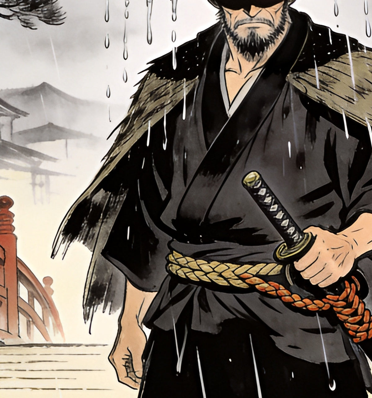 Détail : la cape de paille du ronin et sa main sur la poignée du sabre, sous les stries de pluie